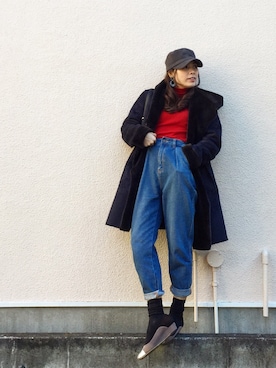 「ワークキャップ」｜「アイテム（ムートンコート）」を使った、tomoさん（レディース・156cm）の冬コーディネート
