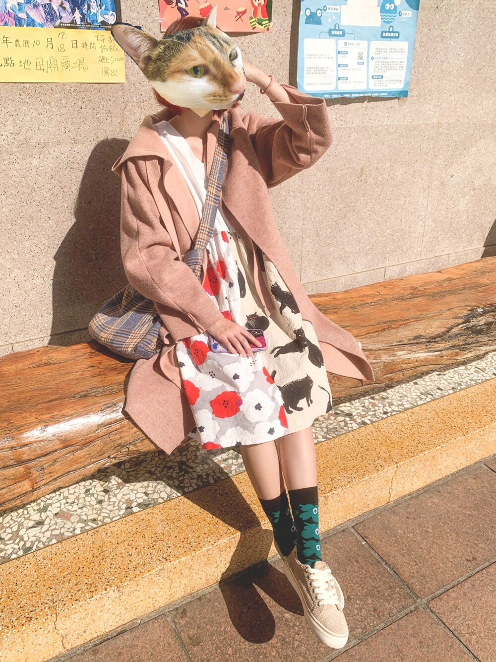 「VINTAGEのアイテム（ダッフルコート、ピンク系）」を使った、kekekさん（レディース・165cm）の冬コーディネートの1枚目の写真