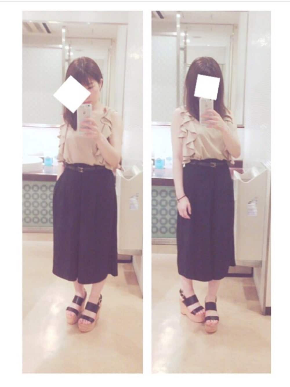 「ガウチョパンツ、ガウチョ、rich、UNIQLO、GU、低身長」｜「PLAIN CLOTHINGの【PLAIN CLOTHING】べっ甲　リボンヘアゴム（ヘアゴム、ホワイト系）」を使った、mina。さん（レディース・149cm）の夏コーディネートの1枚目の写真