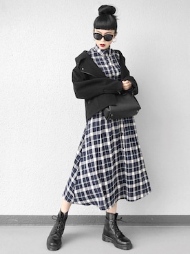 「HARE（ハレ）のアイテム（ライダースジャケット）」を使った、Aiさん（レディース・163cm）の冬コーディネート