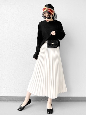 「Chaco closet（チャコ クローゼット）のアソートプリーツ Aラインウエストゴムロングスカート[チェック 小花柄 ダルメシアン コーデュロイ サテン シアー 無地]（スカート）」を使った、Aiさん（レディース・163cm）の春コーディネート