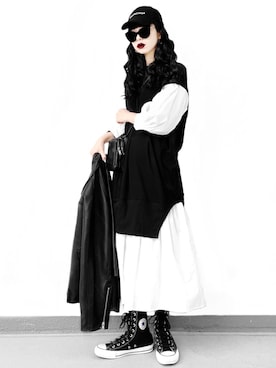 「ドッキングワンピ」｜「アイテム（ライダースジャケット）」を使った、Aiさん（レディース・163cm）の冬コーディネート