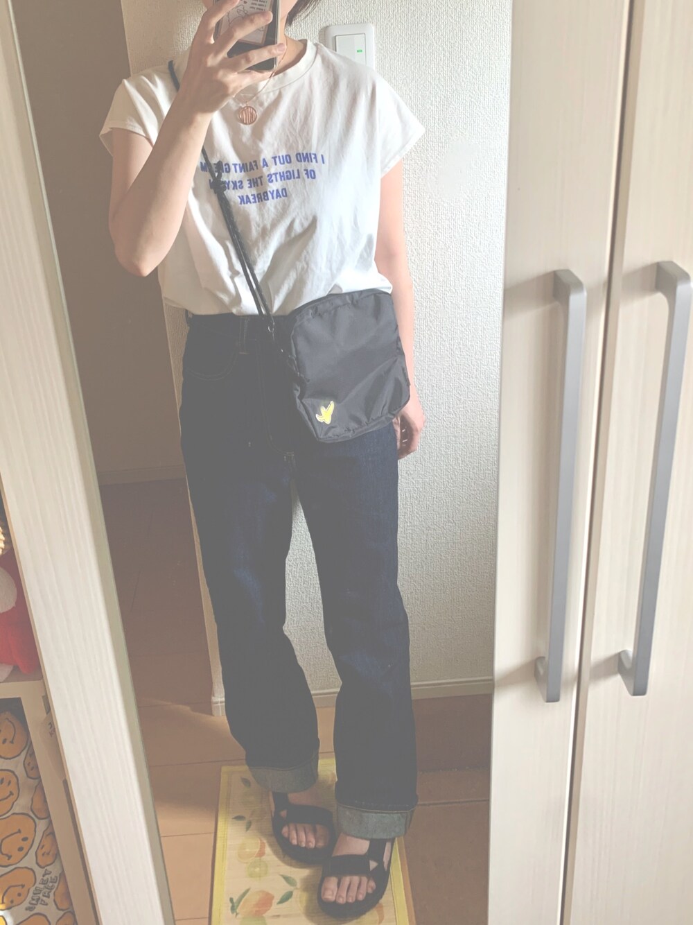 「チビコーデ、チビーズ✳︎、低身長、おしゃれさんと繋がりたい」｜「KBFのロゴフレンチスリーブTシャツ（Tシャツ/カットソー、ホワイト系）」を使った、ち び ま る 🐰さん（レディース・147cm）の夏コーディネートの1枚目の写真