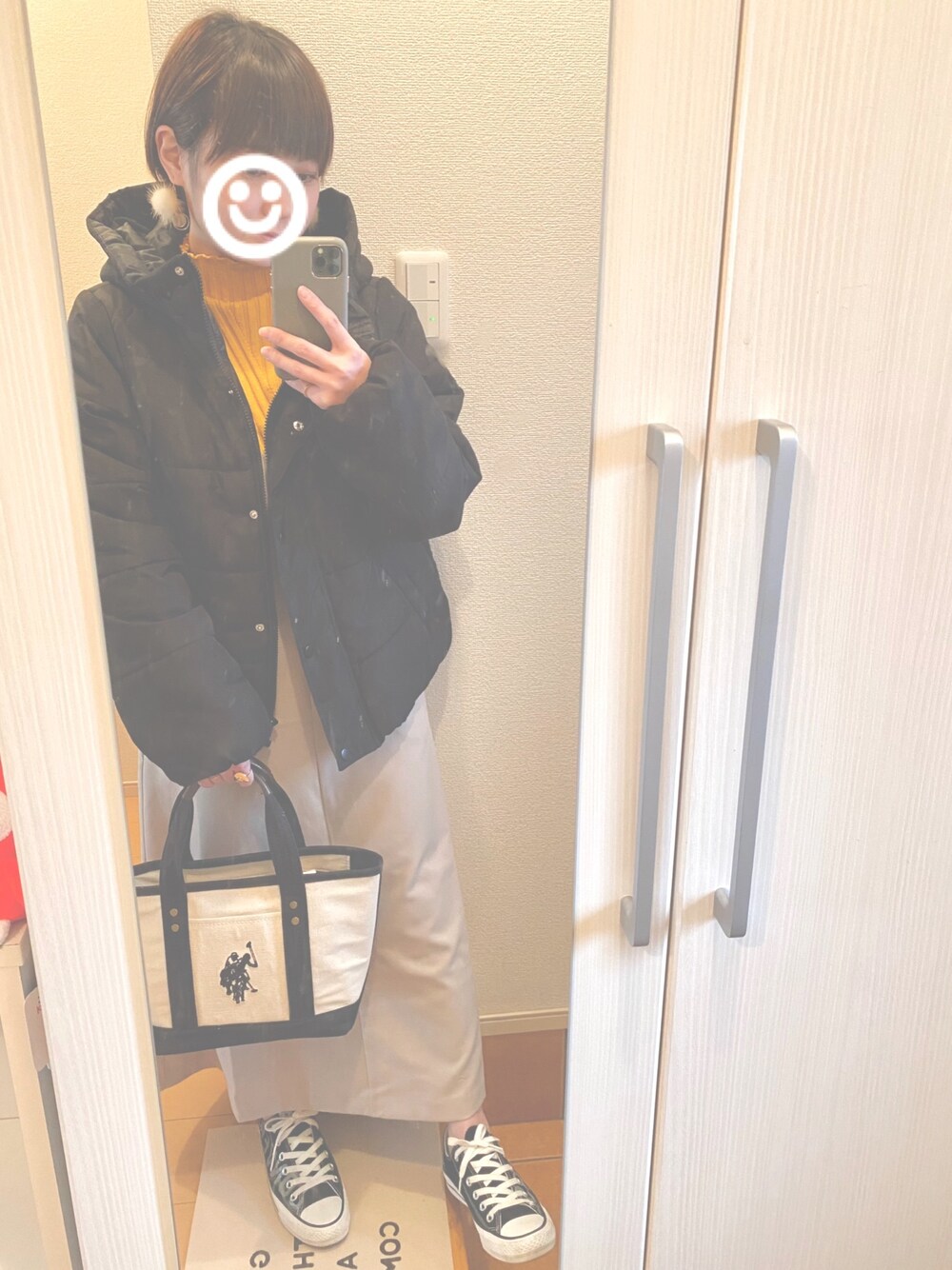 「チビコーデ、チビーズ✳︎、低身長、おしゃれさんと繋がりたい」｜「moment+のベーシック中綿フードブルゾン（ダウンジャケット/コート、ブラック系）」を使った、ち び ま る 🐰さん（レディース・147cm）の冬コーディネートの1枚目の写真