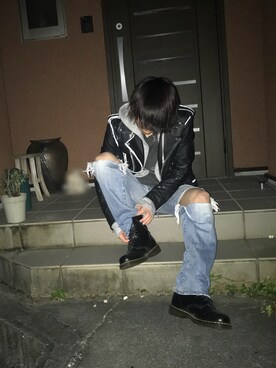 「L.H.P（エルエイチピー）のアイテム（ライダースジャケット）」を使った、_さん（メンズ・170cm）の冬コーディネート