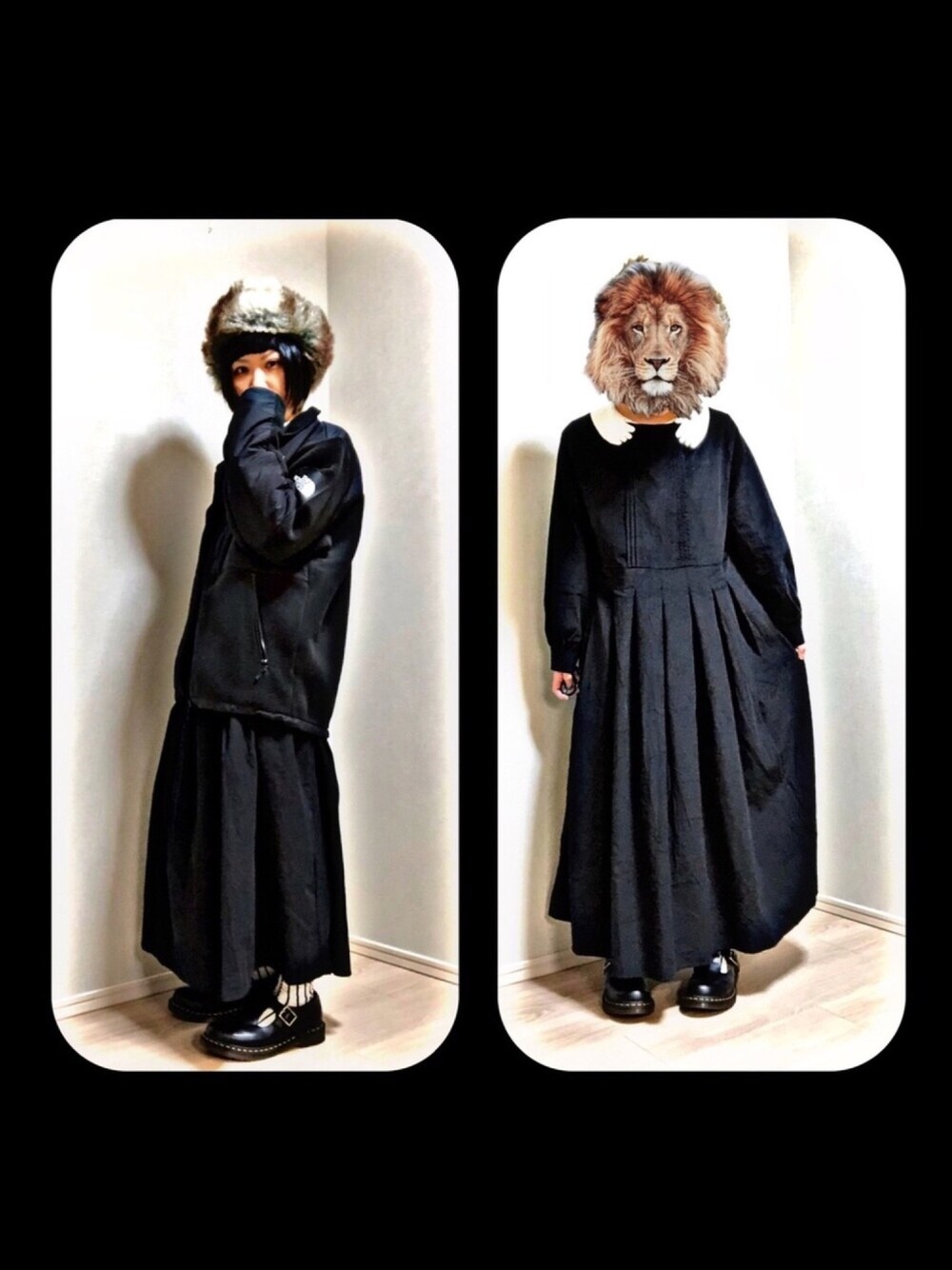 「ALL BLACK、thenorthface、デナリジャケット、DENALIJACKET、KANGOL、Dr.Martens、IamI、ハグブラウス、merlot、オールブラック」｜「KANGOLのアイテム（帽子、ベージュ系）」を使った、きつね使いまみたさん（レディース・155cm）の秋コーディネートの1枚目の写真