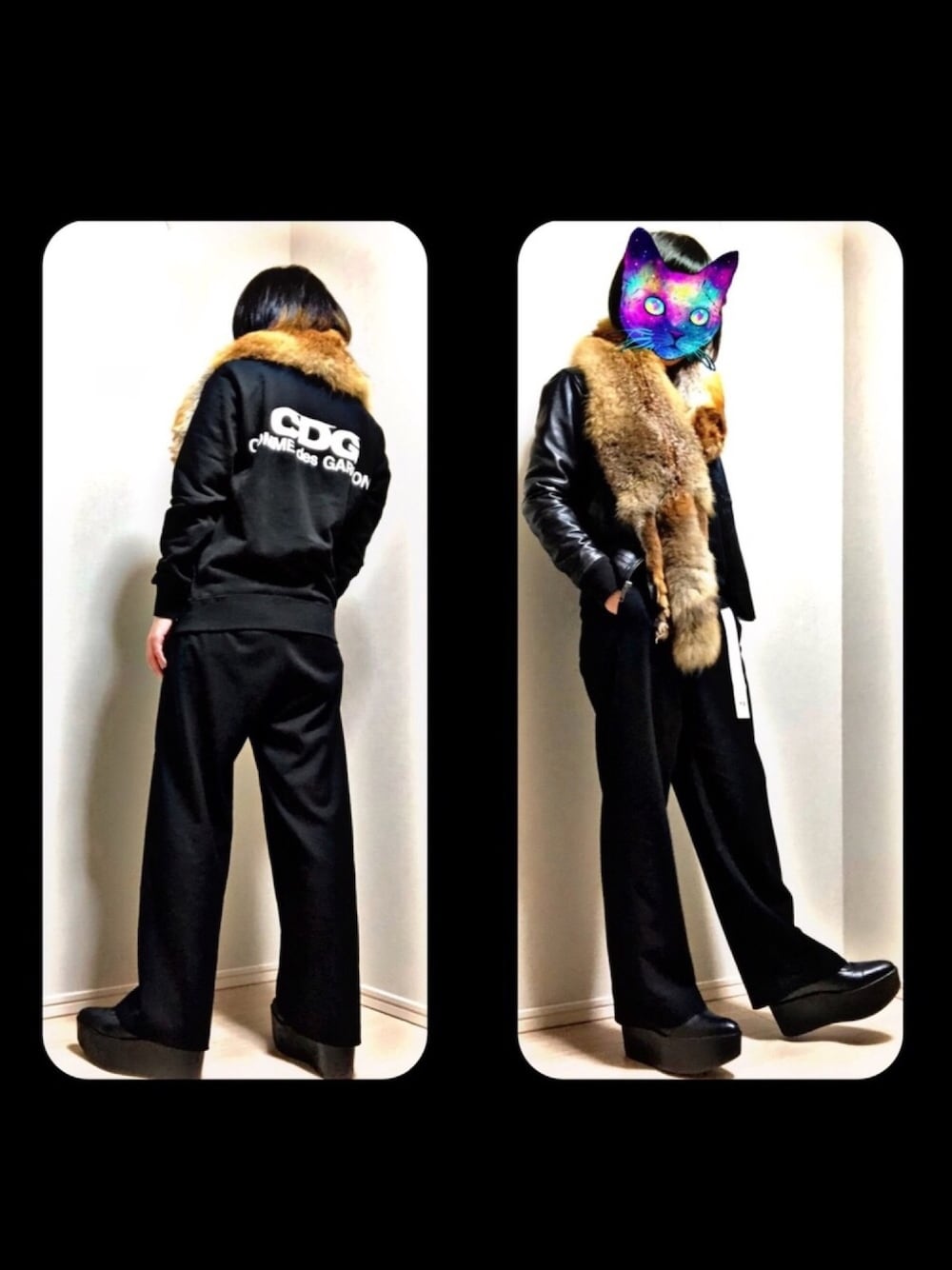 「オールブラック、リアルファー、COMME des GARCONS、CDG、UNIQLO、レザージャケット、Tokyo bopper、ALL BLACK、Y-3、used」｜「TOKYO BOPPERのアイテム（シューズ、ブラック系）」を使った、きつね使いまみたさん（レディース・155cm）の秋コーディネートの1枚目の写真