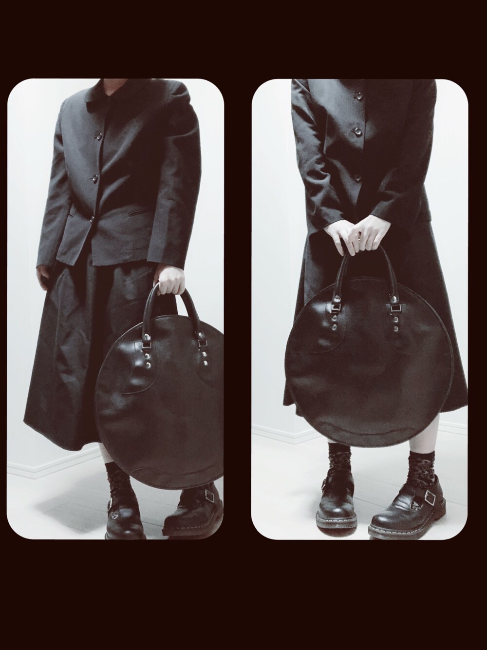 「コムデギャルソン、COMME des GARCONS、オールブラック、ALL BLACK、GU、Dr.Martens、低身長、ブラックコーデ、プチプラミックス、フォロー返します」｜「COMME des GARCONSのアイテム（ハンドバッグ、ブラック系）」を使った、きつね使いまみたさん（レディース・155cm）の秋コーディネートの1枚目の写真