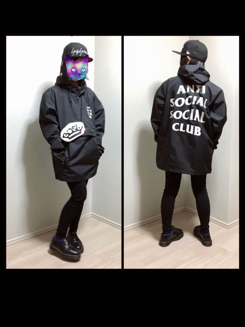 「オールブラック、アンチソーシャルソーシャルクラブ、Assc、antisocialsocialclub、Dr.Martens、フォロー返します、yohji yamamoto 、ヨウジヤマモト、ニューエラ、NEW ERA」｜「Dr. Martensの【Dr.Martens】CORE 1461 BEX 3 EYELET SHOE 21084001（ドレスシューズ、ブラック系）」を使った、きつね使いまみたさん（レディース・155cm）の春コーディネートの1枚目の写真