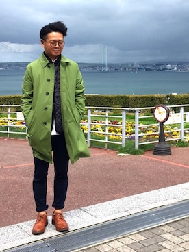 「トリッカーズ」｜「アイテム（ステンカラーコート）」を使った、AKITO🇫🇷さん（メンズ・160cm）の春コーディネート