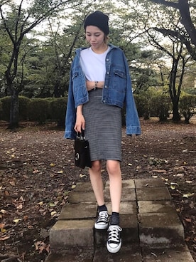 「ひざ丈スカート」｜「アイテム（ジャケット/アウター）」を使った、yurieさん（レディース・156cm）の秋コーディネート