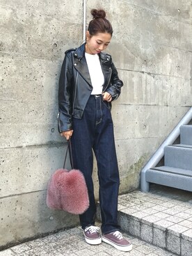 「TODAYFUL（トゥデイフル）のアイテム（ライダースジャケット）」を使った、yurieさん（レディース・156cm）の秋コーディネート