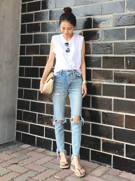 「TODAYFUL（トゥデイフル）のメタルベンドバングル（バングル/リストバンド）」を使った、yurieさん（レディース・156cm）の夏コーディネート