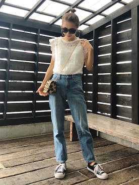 「ZOZO（ゾゾ）のスリムテーパードデニムパンツ［WOMEN］（デニムパンツ）」を使った、yurieさん（レディース・156cm）の夏コーディネート