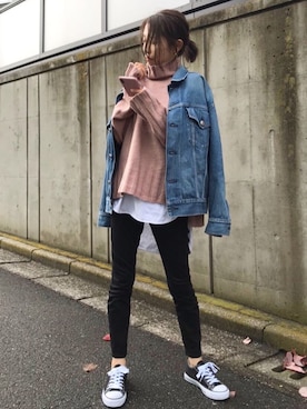 「ゆるニット」｜「アイテム（デニムジャケット）」を使った、yurieさん（レディース・156cm）の冬コーディネート
