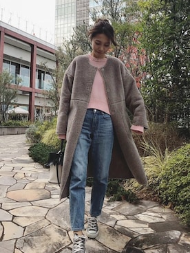 「ZOZO（ゾゾ）のスリムテーパードデニムパンツ［WOMEN］（デニムパンツ）」を使った、yurieさん（レディース・156cm）の冬コーディネート