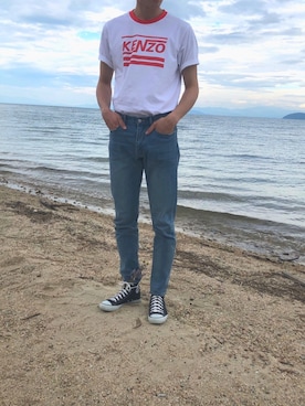 「ZOZO（ゾゾ）のスリムテーパードデニムパンツ［WOMEN］（デニムパンツ）」を使った、ふくべいさん（メンズ・182cm）の夏コーディネート