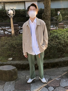 「REPRODUCTION OF FOUND（リプロダクションオブファウンド）のREPRODUCTION OF FOUND (リプロダクション オブ ファウンド) / GERMAN MILITARY TRAINER ジャーマントレーナー 1700L レザースニーカー（スニーカー、ホワイト系）」を使った、トヨタタタタイトさん（メンズ・167cm）の春コーディネート