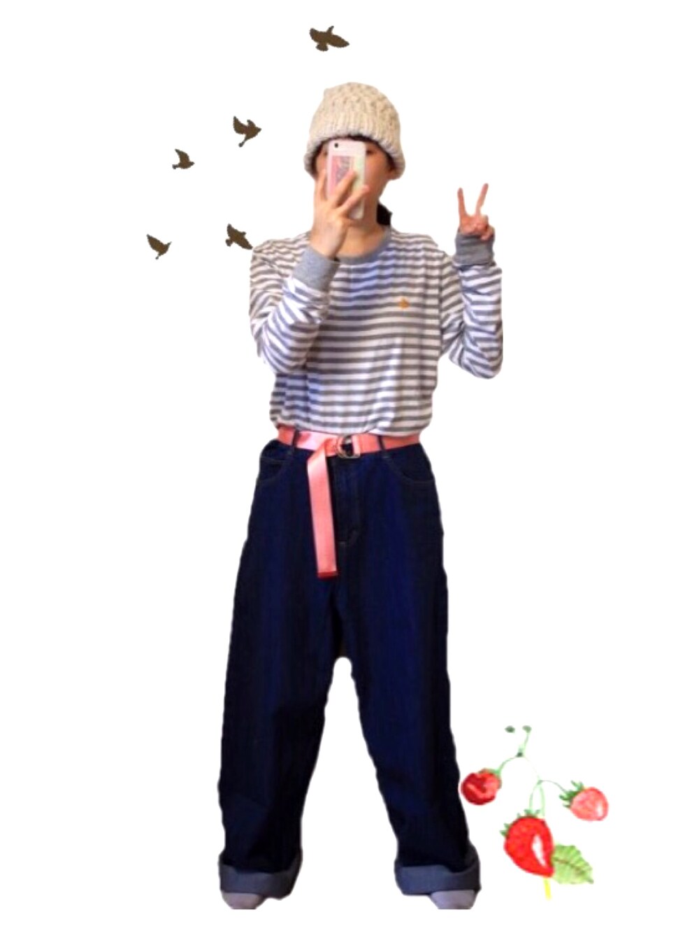 「CHIHIROYASUDA、ゆるコーデ、ビックデニム、カジュアル、デニム、春、やすだちひろ」｜「まると、さんかくと、しかくと。のアイテム（ニットキャップ/ビーニー、ホワイト系）」を使った、まほさん（レディース・159cm）の春コーディネートの1枚目の写真