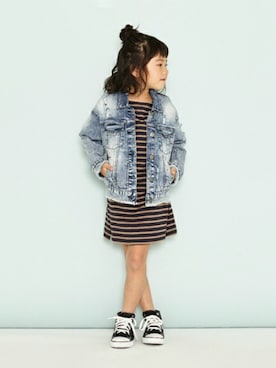 「petit main」｜「アイテム（デニムジャケット）」を使った、petit　main・b-roomさん（キッズ・112cm）の秋コーディネート