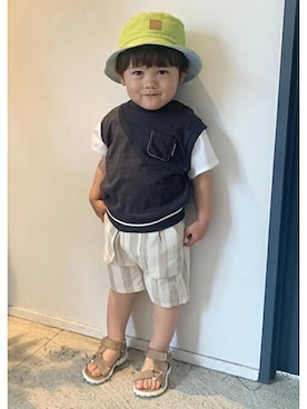 「petit main（プティマイン）のアイテム（帽子）」を使った、petit　main・b-roomさん（キッズ・90cm）の夏コーディネート