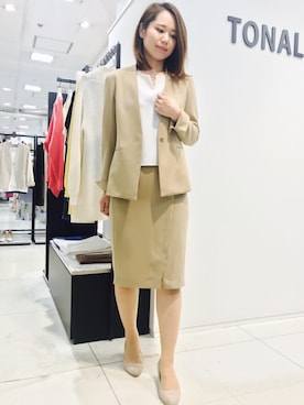 「セットアップスタイル」｜「アイテム（ノーカラージャケット）」を使った、ASAIさん（レディース・162cm）の夏コーディネート