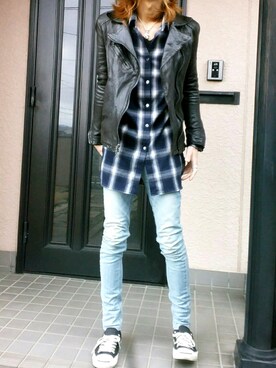 ライダースジャケットを使った アイスブルーデニム の人気ファッションコーディネート Wear