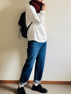 「zozoデニム」｜「アイテム（スウェット）」を使った、かわさん（メンズ・182cm）の冬コーディネート