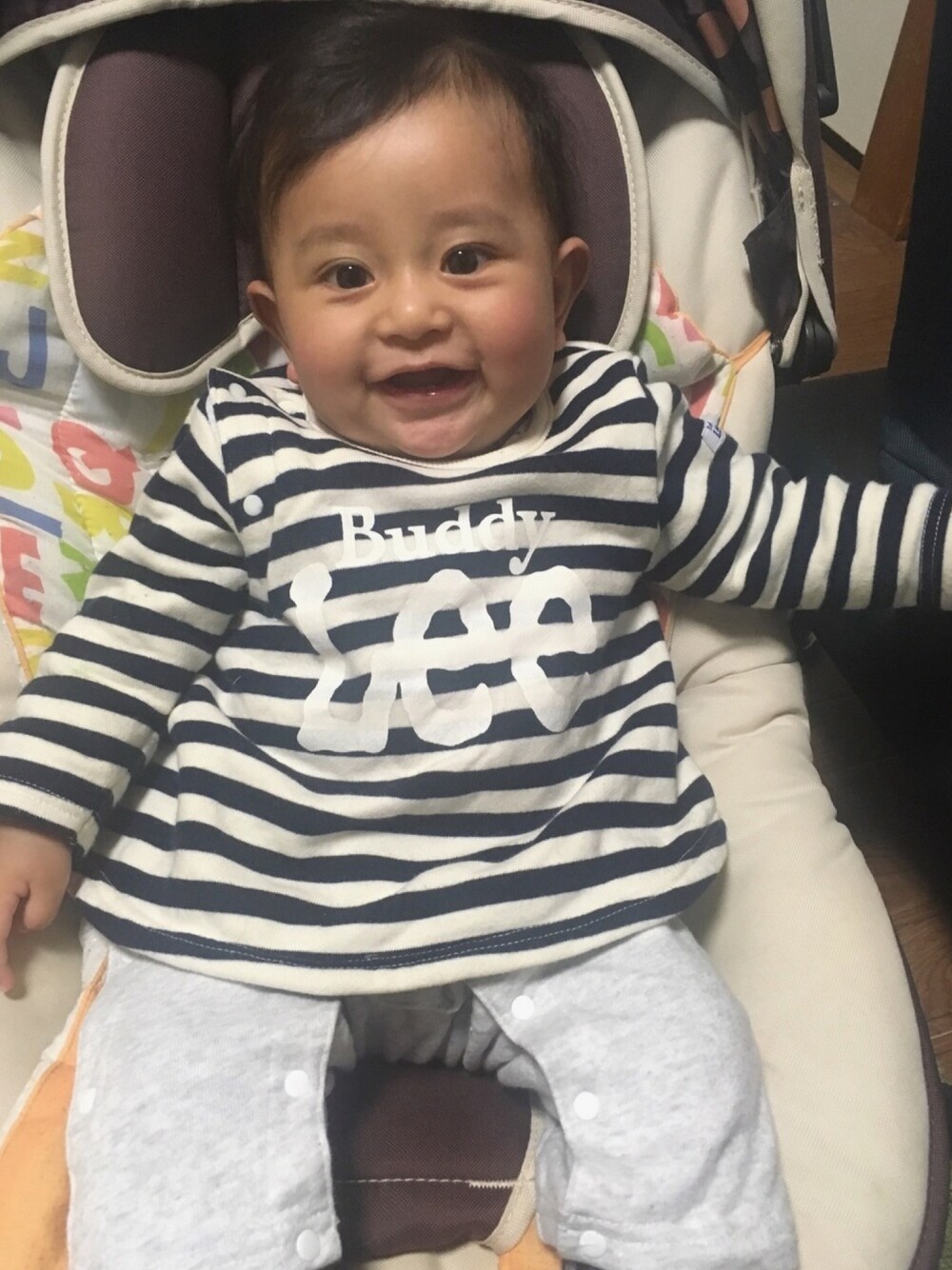 「6か月、男の子ベビー、ボーダー」｜「Leeのアイテム（ロンパース、その他）」を使った、ayapi⑅◡̈*さん（キッズ・70cm）の秋コーディネートの1枚目の写真
