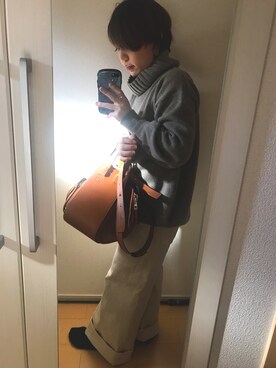 「LOEWE（ロエベ）のLoewe - Hammock Small Leather Tote Bag - Womens - Tan（トートバッグ、ブラウン系）」を使った、nomuさん（レディース・145cm）の冬コーディネート