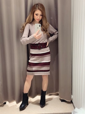 「LIPSERVICE（リップサービス）のリングバックルウエスト切替ニットワンピース（ワンピース）」を使った、mizukiさん（レディース・147cm）の冬コーディネート