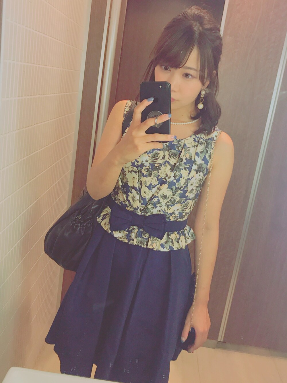 「結婚式、パーティードレス、パーティースタイル、披露宴、ドレス」｜「Dorry Dollの【結婚式・二次会・お食事会・雑誌掲載】Dorry Doll  プリント切り替えウェストリボンモチーフ付きワンピース（ドレス、ブルー系）」を使った、yukashuさん（レディース・161cm）の夏コーディネートの1枚目の写真