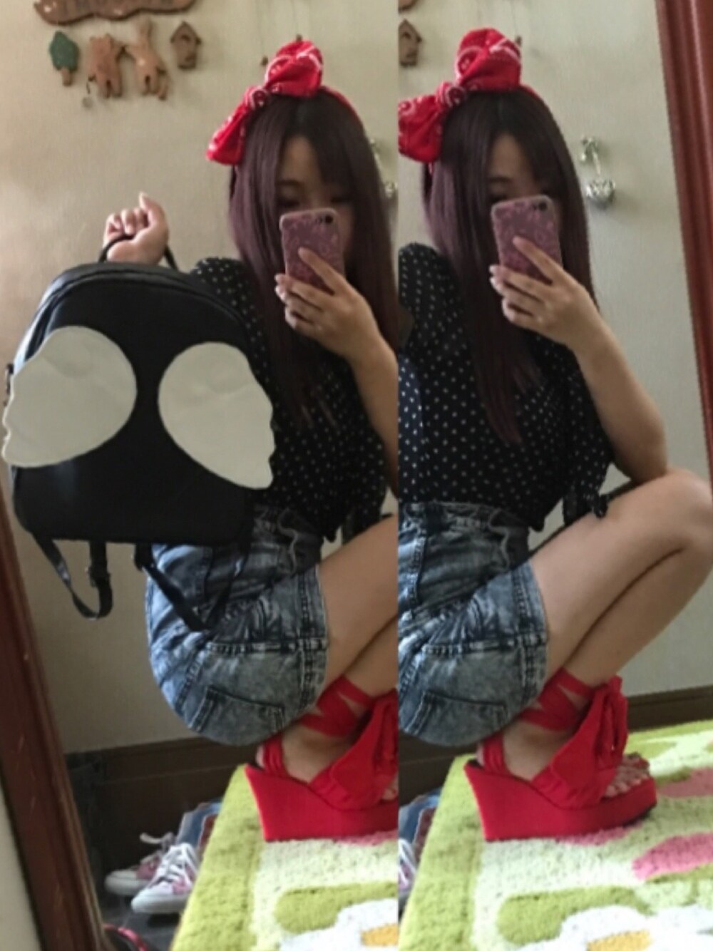 「男の子×女の子、夏コーデ、カジュアル、ガーリー、ドーリー、バブリー、ポイントカラー赤」｜「MOUSSYのアイテム（シャツ/ブラウス、ブラック系）」を使った、アラレさん（レディース・154cm）の夏コーディネートの1枚目の写真