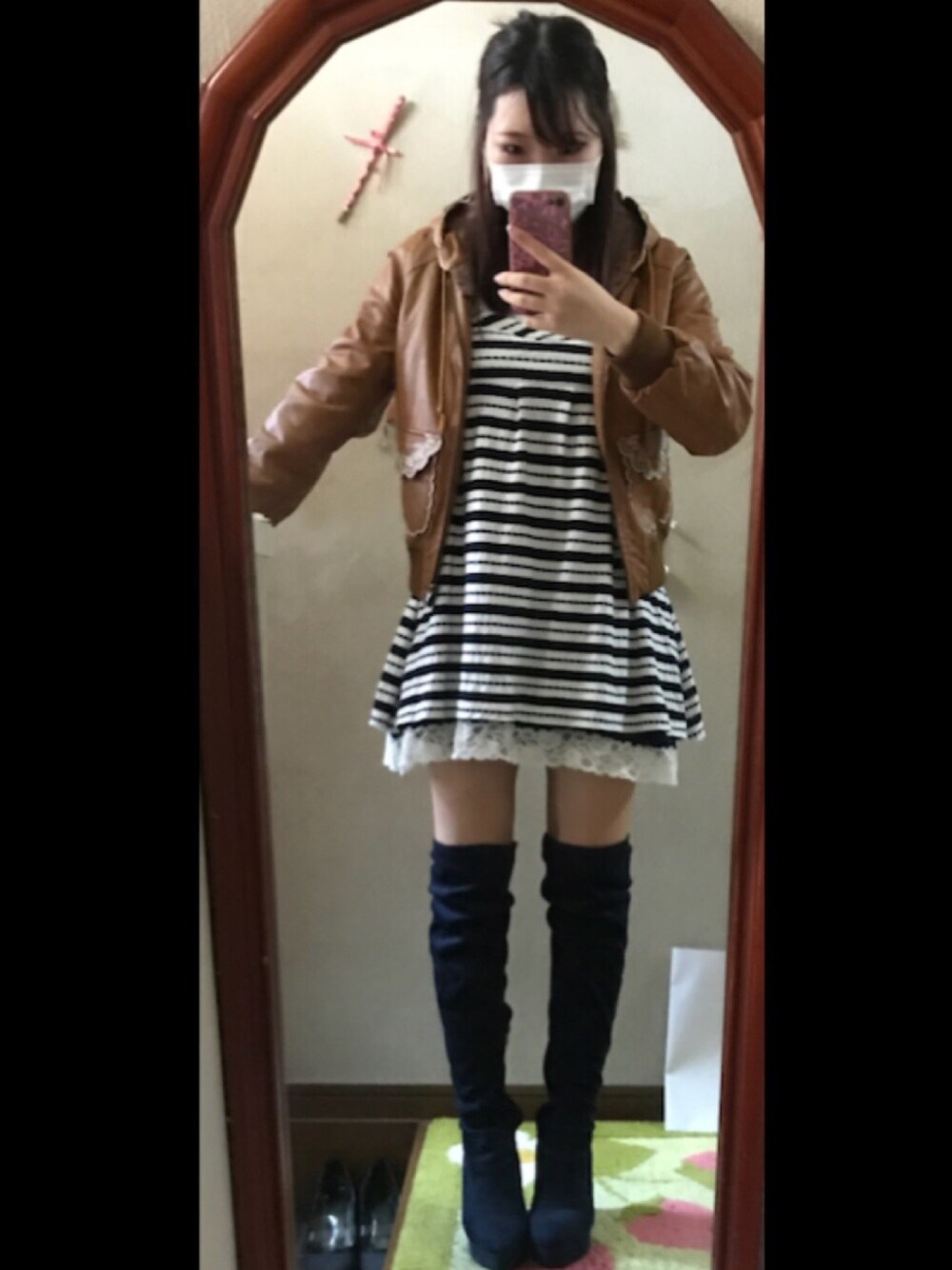 「春、女の子、ガーリー、カジュアル、ネイビー」｜「Tralalaのアイテム（ワンピース、ブルー系）」を使った、アラレさん（レディース・154cm）の春コーディネートの1枚目の写真