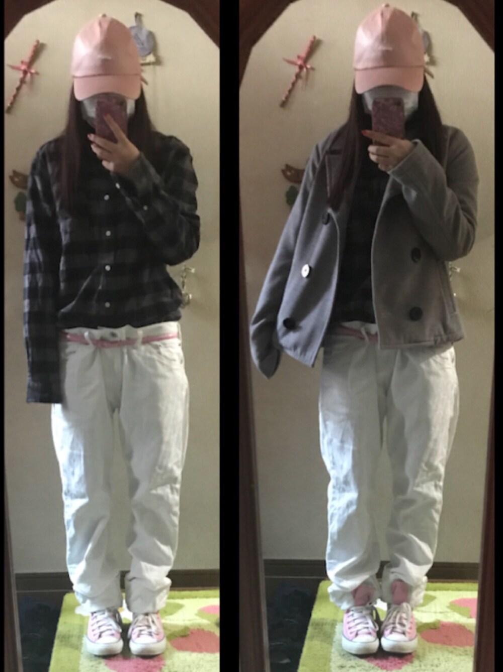 「男の子×女の子、春、モノトーン、防寒　、ポイントカラーピンク」｜「UNKNOWN.のアイテム（キャップ、ピンク系）」を使った、アラレさん（レディース・154cm）の春コーディネートの1枚目の写真