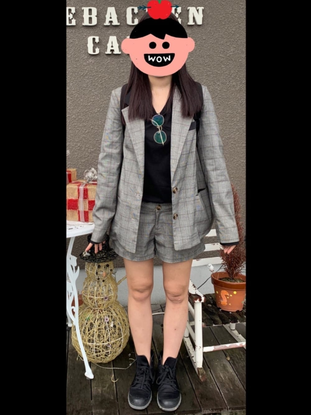 「秋、セットアップ、骨格ストレート、楽チン、シンプルコーデ、グレンチェック」｜「EGOISTのアイテム（テーラードジャケット、グレー系）」を使った、アラレさん（レディース・154cm）の秋コーディネートの1枚目の写真