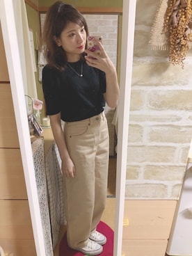 「UNIQLO（ユニクロ）のリブハイネックT（5分袖）（Tシャツ/カットソー）」を使った、maasa.さん（レディース・156cm）の秋コーディネート