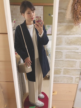 「ネイビー×ホワイト」｜「アイテム（その他アウター）」を使った、maasa.さん（レディース・156cm）の冬コーディネート