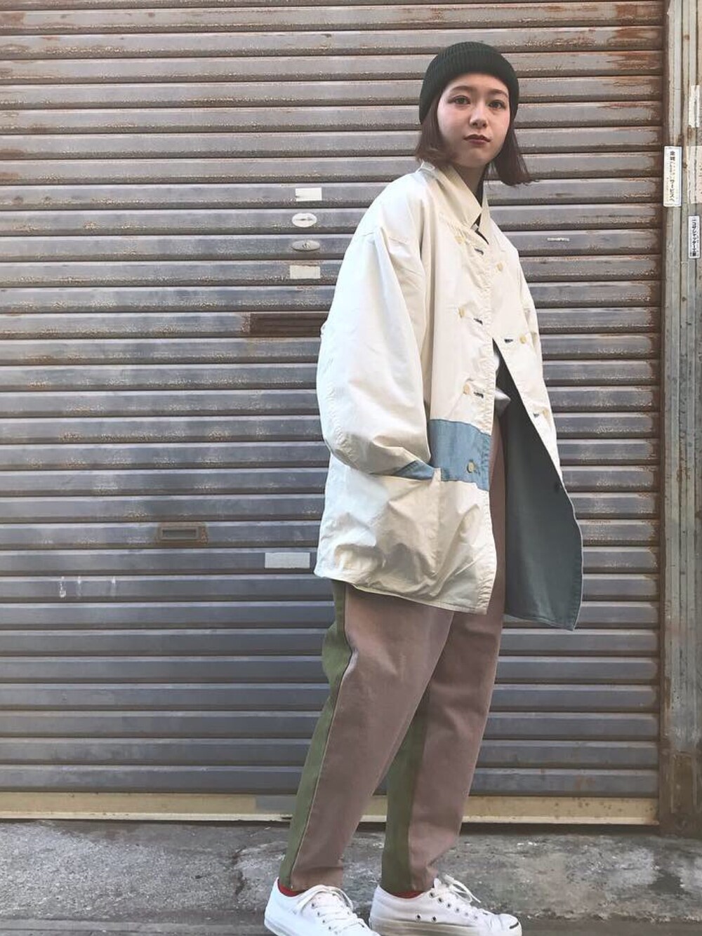 「グルメジーンズ、gourmet jeans、メンズライク、メンズサイズ、冬コーデ、ニットキャップ」｜「RACALのRACAL "SK8 Knit CAP" /ラカル"スケートニットキャップ"（ダークグリーン）（ニットキャップ/ビーニー、その他）」を使った、shoさん（レディース・156cm）の秋コーディネートの1枚目の写真