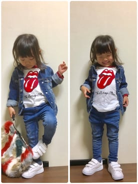 「ラグランTシャツ」｜「アイテム（デニムジャケット）」を使った、mayuさん（キッズ・90cm）の秋コーディネート