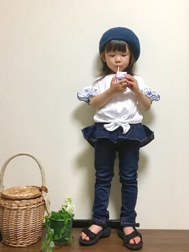 「袖フリル」｜「アイテム（ハンチング/ベレー帽）」を使った、mayuさん（キッズ・90cm）の春コーディネート