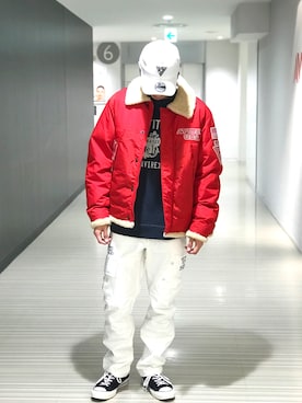 「アイテム（ミリタリージャケット、レッド系）」を使った、Kenichiさん（メンズ・177cm）の秋コーディネート