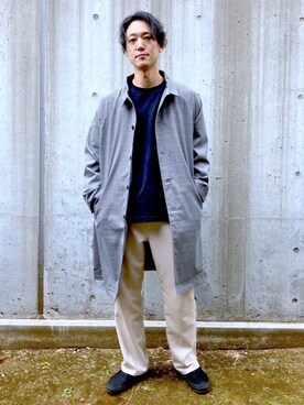 「CPCM（シーピーシーエム）のアイテム（ステンカラーコート）」を使った、SHINJI OMINOさん（メンズ・182cm）の春コーディネート