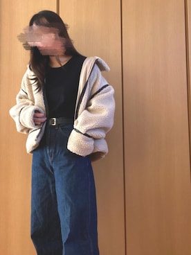 「ストレートデニム」｜「アイテム（財布/小物）」を使った、omochiさん（レディース・154cm）の冬コーディネート