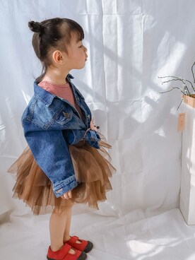 「no brand（ノーブランド）のアイテム（デニムジャケット）」を使った、豌豆さん（キッズ・90cm）の冬コーディネート