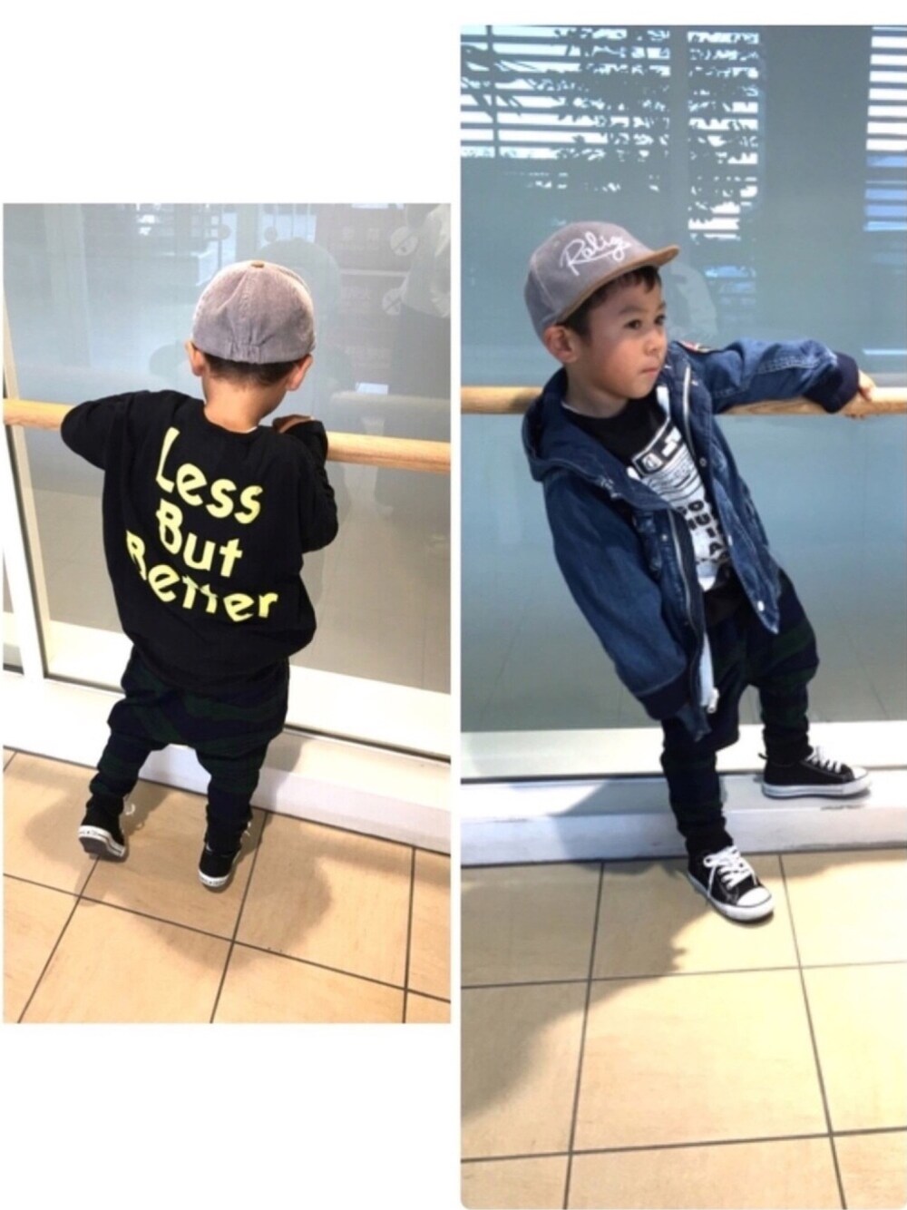 ブラック系のTシャツ/カットソー、グリーン系のその他パンツ、ブラック系のスニーカーを着用したキッズの秋コーディネートの1枚目の写真