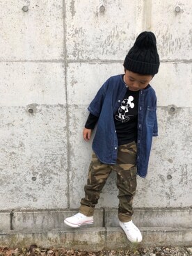 「ノーカラーシャツ」｜「アイテム（ニットキャップ/ビーニー）」を使った、*tM*さん（キッズ・110cm）の秋コーディネート