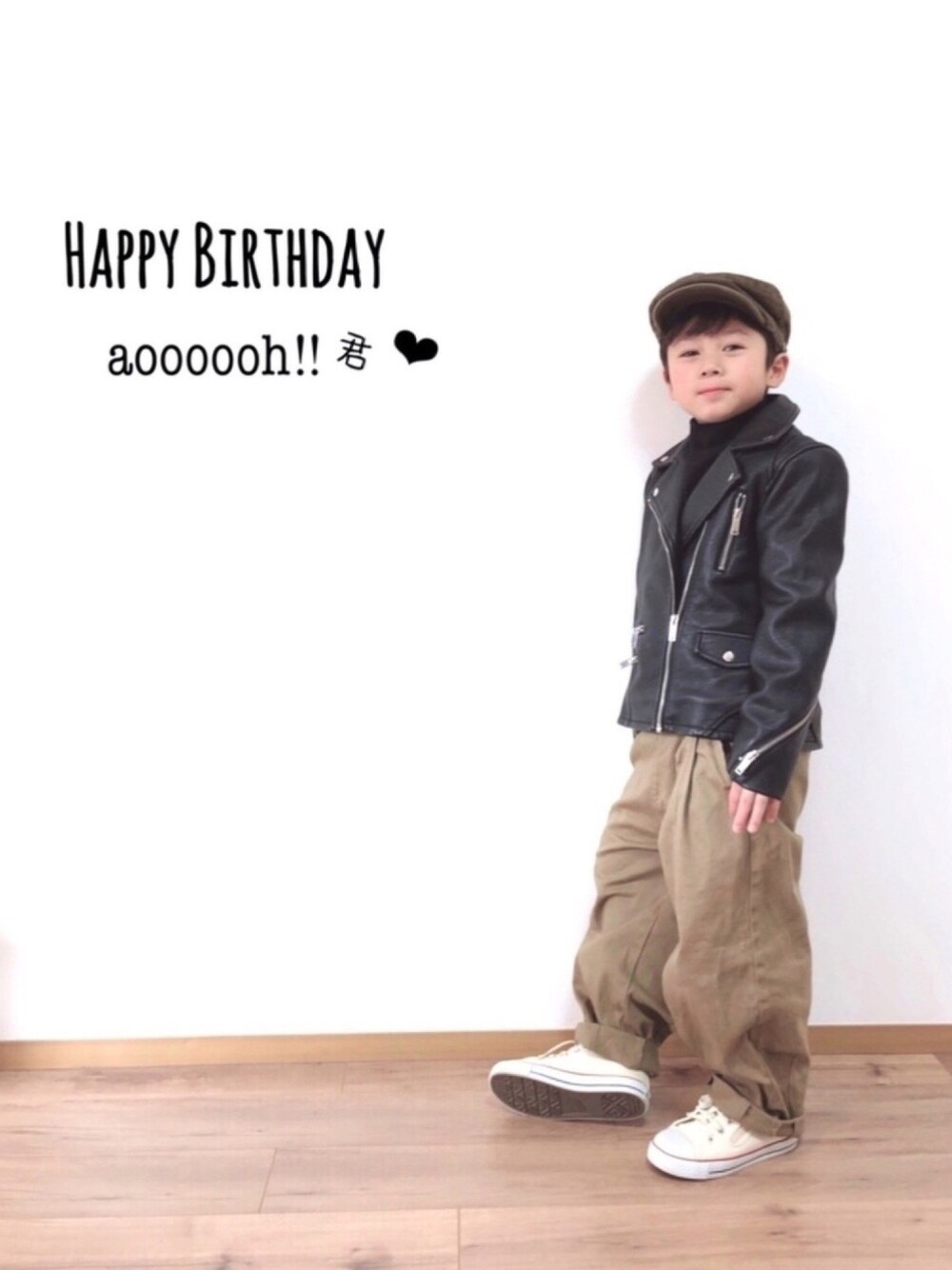 「ライダース、ヒザデルパンツ、ハイネック、チノパン、ハンチング、コンバース、ワイルド系、お誕生日おめでとう！」｜「ZARA KIDSのアイテム（ライダースジャケット、ブラック系）」を使った、*tM*さん（キッズ・120cm）の冬コーディネートの1枚目の写真