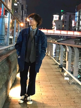 「アイテム（スラックス、ブルー系）」を使った、poohさん（メンズ・168cm）の春コーディネート