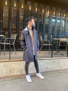 「AVIREX（アヴィレックス）のアイテム（ステンカラーコート）」を使った、生田智義さん（メンズ・174cm）の冬コーディネート